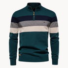 Color-blocked sweater with a quarter zip on a white background