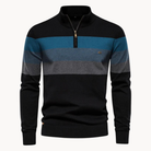 Color-blocked sweater with black, blue, and gray stripes on a white background