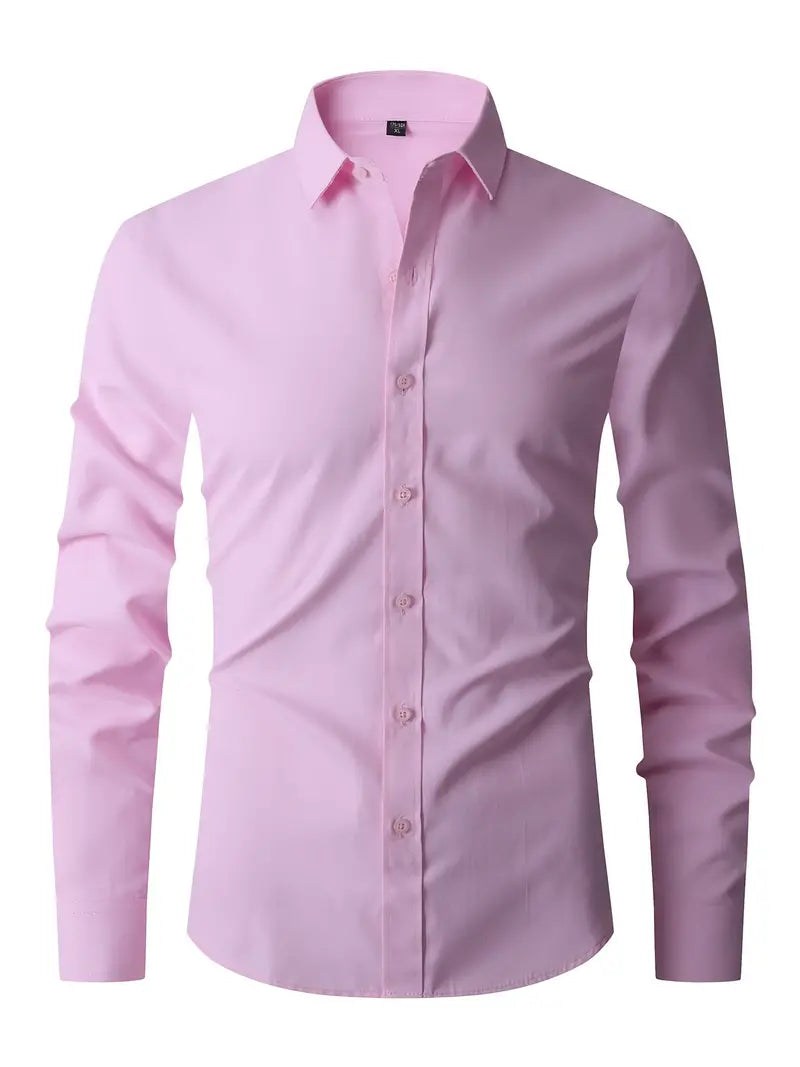 Camicia uomo rosa chiaro, maniche lunghe, colletto classico, bottoni frontali. Elegante e moderna, ideale per abbigliamento formale e casual.