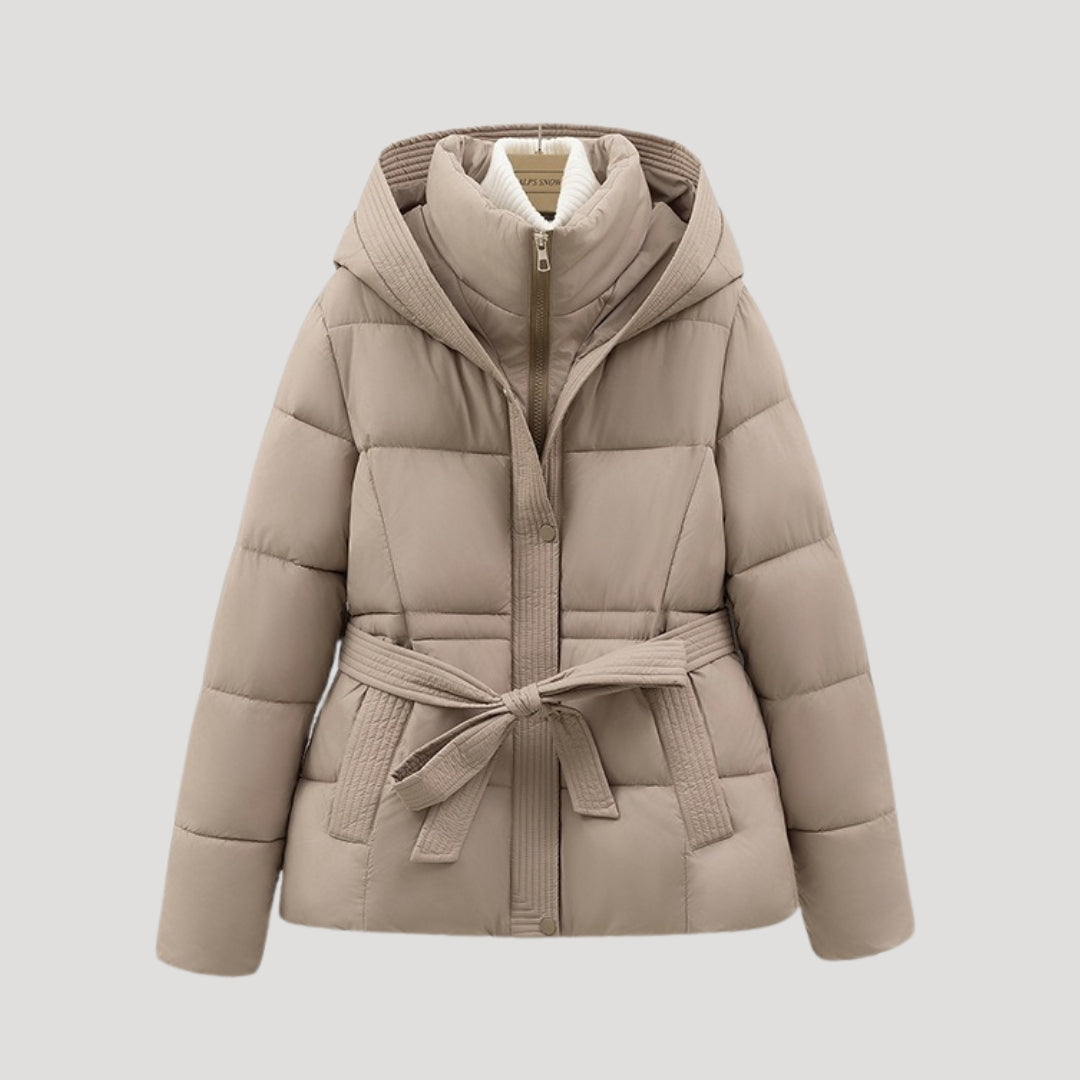 Women’s Winter Puffer Jacket with Hood and Belt