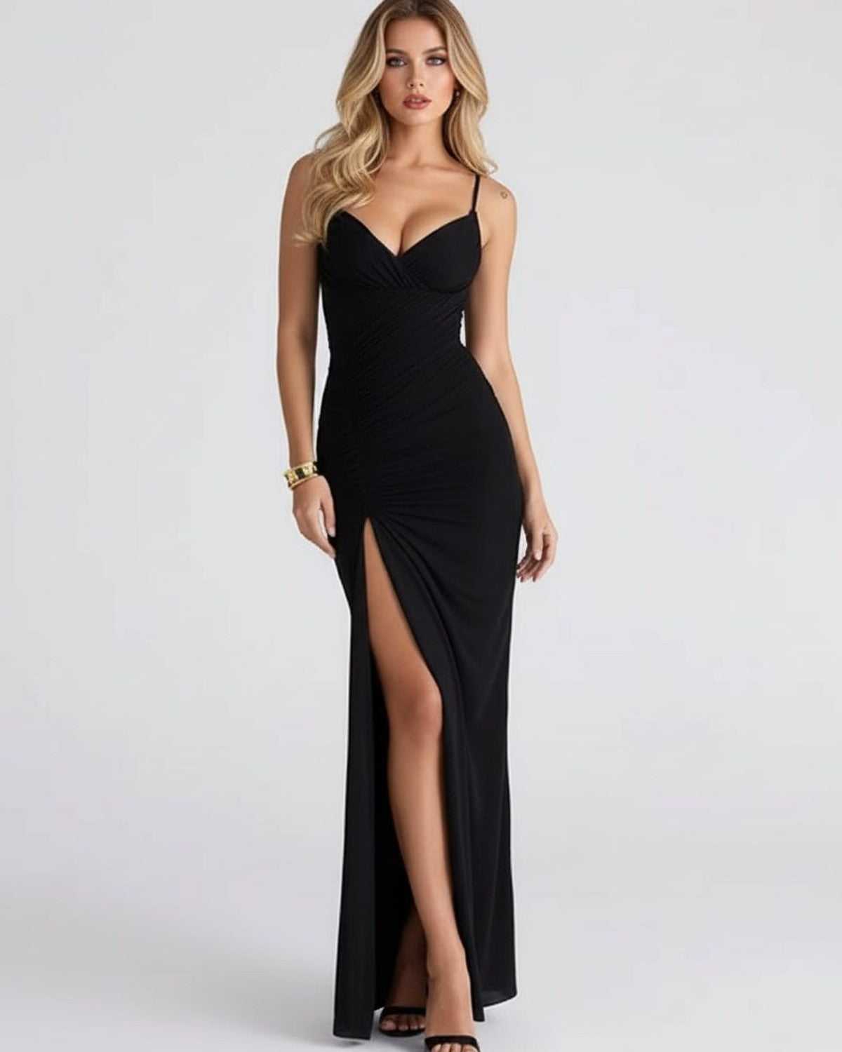 Cecilia Maxi Jurk | Aansluitend | V-hals | Hoge Split 0