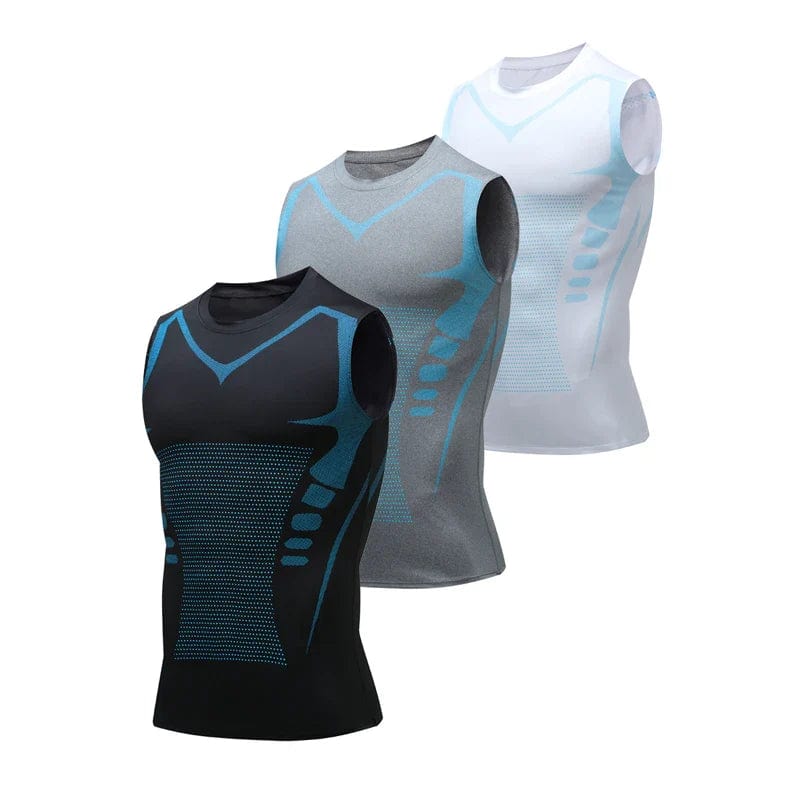 Tre canotte sportive senza maniche in nero, grigio e bianco, con design ergonomico e dettagli blu, ideali per allenamento e fitness.
