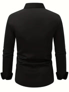 Camicia nera a maniche lunghe da uomo, vista posteriore, elegante e moderna, ideale per abbigliamento formale o casual, tessuto liscio e di qualità.