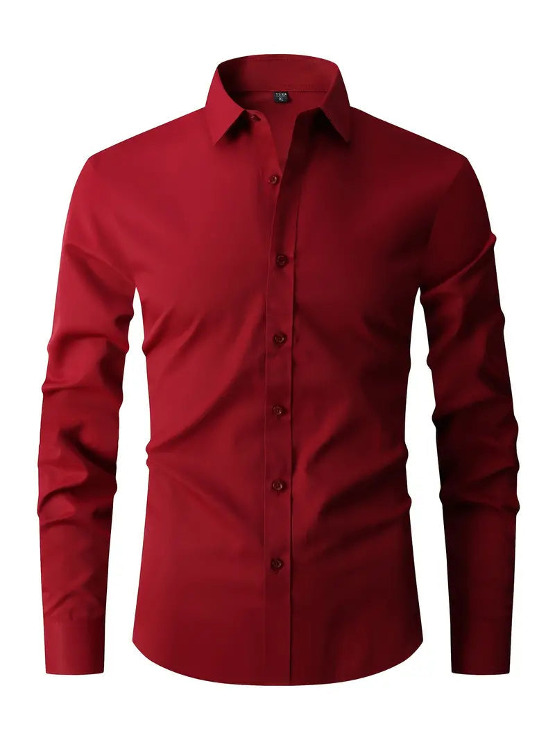 Camicia rossa elegante da uomo, maniche lunghe, colletto classico, bottoni frontali. Ideale per abbigliamento formale e casual.