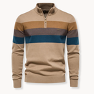 Beige sweater with brown and blue stripes on a white background