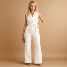 Elegant wrap jumpsuit for women with tailored waist and wide-leg design, perfect for formal, business, and stylish occasions.
