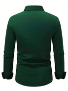 Camicia verde scuro da uomo a maniche lunghe, vista posteriore. Elegante e moderna, ideale per abbigliamento casual o formale.