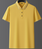 Polo gialla da uomo con colletto a contrasto e tre bottoni, maniche corte, stile casual elegante, perfetta per look estivi e primaverili.