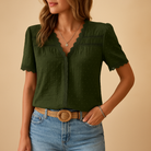 Elegant lace V-neck blouse for women with intricate details and flattering fit, perfect for work, evenings out, or special occasions.
