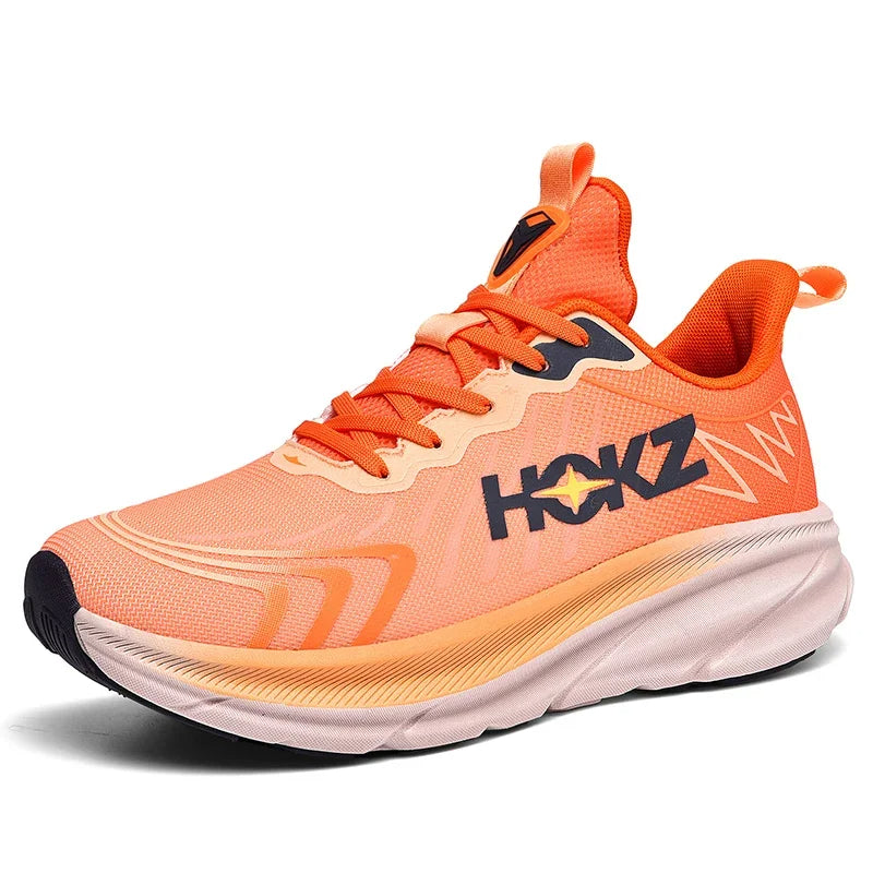 Scarpa da corsa arancione HOKZ, design leggero e ammortizzato, suola in gomma antiscivolo, ideale per jogging e sport all'aperto.