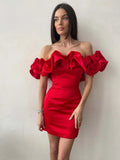 Women's Off-Shoulder Satin Mini Dress – Elegant Ruffled Neckline for Evening Wear