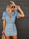 Women's Short Sleeve Denim Dress – Casual Chic Above-Knee Fit Midi Dress