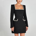 Vestido Mini de Tweed para Mujer – Vestido de Fiesta de Manga Larga con Escote Cuadrado